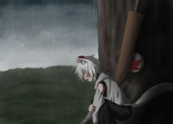 Rule 34 | 1girl, animal ears, bad id, bad pixiv id, cloud, cloudy sky, detached sleeves, forest, hat, highres, houtinti, inubashiri momiji, looking down, nature, open mouth, outdoors, profile, rain, red eyes, sheath, sheathed, shield, short hair, skirt, sky, solo, squatting, sword, tail, tokin hat, touhou, weapon, white hair, wolf ears, wolf tail