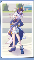 Rule 34 | 1girl, :d, ^ ^, ahoge, ascot, blue ascot, blue footwear, blue hat, blue jacket, boots, brooch, closed eyes, commentary request, furina (genshin impact), genshin impact, hands on own hips, hat, high heel boots, high heels, highres, jacket, jewelry, long sleeves, open mouth, short shorts, shorts, smile, socks, solo, sparkle, standing, thigh strap, top hat, white hair, white shorts, white socks, wujingwushi