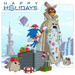 Rule 34 | 1boy, beard, blue fur, box, christmas, christmas ornaments, christmas present, crate, facial hair, gift, gift box, gloves, green eyes, happy holidays, hat, hermit koco, highres, koco (sonic), long beard, long sleeves, official alternate costume, official art, open mouth, santa hat, shoes, sky, smile, sneakers, snow, sonic (series), sonic frontiers, sonic the hedgehog, tail, uekawa yuji, water, waterfall, white gloves