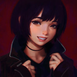 Rule 34 | 1girl, black hair, blunt bangs, chromatic aberration, crying, crying with eyes open, gradient background, grin, ilya kuvshinov, looking at viewer, original, short hair, smile, solo, tears, teeth