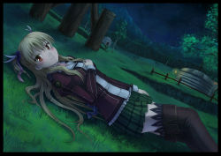 Rule 34 | 1girl, absurdres, alisa reinford, blonde hair, blush, boots, brown footwear, brown thighhighs, eiyuu densetsu, falcom, female focus, grass, hair ornament, hair ribbon, hand on own chest, highres, jacket, long hair, looking at viewer, lying, mountain, night, night sky, on back, outdoors, ribbon, school uniform, sen no kiseki, skirt, sky, smile, solo, star (sky), starry sky, tent, thigh boots, thighhighs, tree, two side up, uniform, yinzhai, zettai ryouiki