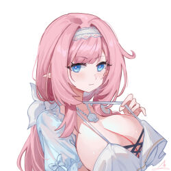 Rule 34 | 1girl, :3, blue eyes, breasts, cleavage, commentary request, elysia (honkai impact), hairband, honkai (series), honkai impact 3rd, keruitemonu, large breasts, long hair, looking at viewer, pink hair, pointy ears, simple background, smile, solo, upper body, very long hair, white background, white hairband