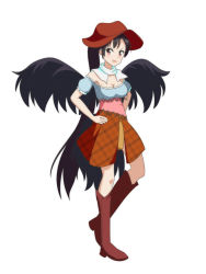 Rule 34 | 1girl, :d, bandana, bare shoulders, black hair, black wings, blue shirt, blush, boots, breasts, brown footwear, brown hat, brown skirt, cato (monocatienus), cleavage, commentary request, cowboy hat, feathered wings, full body, hat, kurokoma saki, long hair, looking at viewer, medium breasts, miniskirt, off-shoulder shirt, off shoulder, open mouth, plaid, plaid skirt, ponytail, puffy short sleeves, puffy sleeves, red eyes, shirt, short sleeves, simple background, skirt, smile, solo, standing, touhou, unmoving pattern, v-shaped eyebrows, very long hair, white background, wings