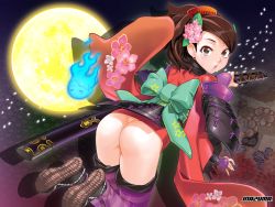 Rule 34 | 1girl, armor, ass, bent over, bottomless, comb, flower, hair flower, hair ornament, highres, looking back, momohime, momohime (hitodama), moon, no panties, oboro muramasa, satou shouji, striped clothes, striped thighhighs, sword, teardrop, thighhighs, weapon