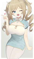 Rule 34 | 1girl, ;d, alternate breast size, bad id, bad pixiv id, barbara (genshin impact), blonde hair, blue eyes, breasts, cleavage, cross, dress, drill hair, er san si, genshin impact, heart, highres, large breasts, latin cross, looking at viewer, one eye closed, open mouth, pantyhose, pencil dress, short sleeves, sitting, smile, solo, twin drills, twintails, white pantyhose