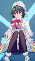 Rule 34 | 1girl, black hair, black pantyhose, blue background, boots, box, dress, fate/grand order, fate (series), fur-trimmed dress, fur-trimmed gloves, fur-trimmed headwear, fur boots, fur trim, gift bag, gina 61324, gloves, hair between eyes, hat, highres, holding, holding box, looking at viewer, ortlinde (fate), ortlinde (ring the bell) (fate), pantyhose, parted lips, red eyes, santa costume, santa hat, short dress, short hair, short sleeves, sitting, solo, valkyrie (fate), white dress, white gloves, white hat, white santa costume