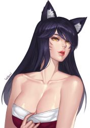 Rule 34 | 1girl, absurdres, ahri (league of legends), animal ears, bare arms, bare shoulders, black hair, breasts, cleavage, clothes pull, collarbone, dress, facial mark, fingernails, fox ears, highres, karmiel, korean clothes, large breasts, league of legends, long fingernails, long hair, looking at viewer, nail polish, parted lips, pulling own clothes, red nails, sharp fingernails, slit pupils, smile, solo, strapless, strapless dress, swept bangs, tube dress, upper body, whisker markings, yellow eyes