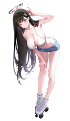Rule 34 | 1girl, absurdres, arm up, bare legs, bent over, bikini, bikini top only, black hair, black halo, blue archive, breasts, denim, denim shorts, full body, hair ornament, hairclip, halo, hand on own knee, highres, kottungyang, large breasts, long hair, looking at viewer, navel, parted lips, red eyes, rio (blue archive), roller skates, shorts, simple background, skates, solo, stomach, swimsuit, thighs, very long hair, white background, white bikini, white footwear