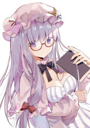 Rule 34 | 1girl, bespectacled, bow, breasts, capelet, cleavage, crescent, dress, fingernails, glasses, hair bow, hat, highres, kita (kitairoha), long hair, long sleeves, looking at viewer, medium breasts, mob cap, patchouli knowledge, pink capelet, pink hat, purple dress, purple eyes, purple hair, red-framed eyewear, red bow, semi-rimless eyewear, simple background, solo, striped clothes, striped dress, touhou, under-rim eyewear, upper body, white background