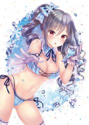 Rule 34 | 10s, 1girl, :o, blue bra, blue panties, blush, bow, bra, breasts, cleavage, drill hair, eyebrows, female focus, gloves, grey hair, hair bow, hair brush, idolmaster, idolmaster cinderella girls, kanzaki ranko, large breasts, lingerie, looking at viewer, moyon, navel, outstretched arm, panties, red eyes, side-tie panties, solo, thighhighs, underwear, underwear only, white gloves, white thighhighs
