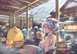 Rule 34 | 1girl, animal ears, architecture, back, bare shoulders, bare tree, bathing, bird, blue eyes, blush, box, breasts, bucket, chick, cloud, cloudy sky, commentary request, east asian architecture, extra ears, fence, flower on liquid, food, food on head, fruit, fruit on head, full body, grass, hair intakes, highres, holding, holding box, lantern, large breasts, light, mandarin orange, mouse ears, naked towel, object on head, onsen, open mouth, original, partially submerged, petals, petals on liquid, rock, sky, snow, snowing, solo focus, steam, stone lantern, suzaku (zaku6584), sweatdrop, swept bangs, towel, towel on head, tree, water, wet, white hair, white towel, wooden bucket, wooden fence, wooden lantern