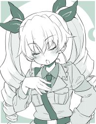 Rule 34 | 1girl, anchovy (girls und panzer), anzio military uniform, belt, blush, commentary, dress shirt, drill hair, facing viewer, frown, girls und panzer, green theme, greyscale, hair ribbon, halftone, hand on own chest, head tilt, highres, jacket, long hair, long sleeves, military, military uniform, monochrome, necktie, open mouth, ribbon, sam browne belt, shirt, solo, sw (taco), twin drills, twintails, uniform