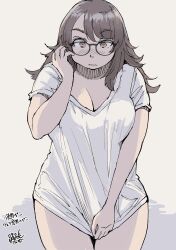 Rule 34 | 1girl, absurdres, black-framed eyewear, blush, breasts, brown eyes, brown hair, cleavage, dated, glasses, hadashi no kenji, hand up, highres, large breasts, looking at viewer, original, plump, shirt, shirt hold, short sleeves, simple background, solo, t-shirt, white background, white shirt
