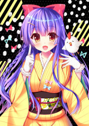 Rule 34 | 1girl, :d, bird, black background, blue bow, blush, bow, braid, breasts, brown eyes, chicken, chinese zodiac, gloves, hair bow, hair ornament, hair ribbon, hairclip, hands up, index finger raised, japanese clothes, kimono, large breasts, long hair, looking at viewer, obi, open mouth, original, pink bow, polka dot, polka dot background, purple hair, red bow, ribbon, sash, smile, solo, suzukawa yui, upper body, white gloves, year of the rooster, yellow kimono