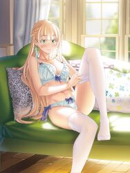 Rule 34 | 1girl, absurdres, adjusting clothes, adjusting legwear, blonde hair, bow, bow panties, bra, braid, breasts, closed mouth, couch, crotch seam, crown braid, curtains, day, earrings, eyelashes, foot out of frame, frilled bra, frills, green eyes, highres, hip bones, indoors, jewelry, kannatsuki noboru, knee up, leaning back, legs, lingerie, ludivine marie-ange de la trefle, magical explorer, medium breasts, navel, no shoes, on couch, panties, pillow, pointy ears, sitting, smile, solo, thighhighs, underwear, underwear only, white bra, white panties, white thighhighs, window, wooden floor