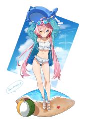 Rule 34 | 1girl, absurdres, ahoge, arms up, ball, barefoot sandals (jewelry), beach, bikini, blue archive, blue eyes, blue sky, closed mouth, cloud, commentary request, day, deitaku, eyewear on head, frilled bikini, frills, full body, hair bobbles, hair ornament, highres, holding, hoshino (blue archive), long hair, looking at viewer, low twintails, navel, ocean, pink hair, sand, sandals, simple background, sky, smile, solo, standing, sunglasses, swimsuit, translation request, twintails, very long hair, white background, white footwear, yellow eyes