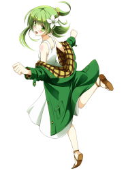 Rule 34 | 1girl, :d, clenched hands, coat, commentary, flower, green coat, green eyes, green hair, hair flower, hair ornament, highres, khnchak, looking at viewer, looking back, open mouth, original, ponytail, running, sandals, smile, solo, white flower