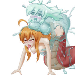 Rule 34 | 2girls, ahegao, ahoge, artist request, blue eyes, blush, breasts, futa with female, futanari, grabbing, grabbing another&#039;s breast, highres, lamia, long hair, monster girl, multiple girls, open mouth, orange hair, red eyes, saliva, simple background, slime girl, sweat, tears, tongue, tongue out, white background