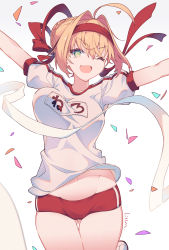 Rule 34 | 1girl, absurdres, ahoge, artist name, blonde hair, bow, braid, breasts, buruma, cameltoe, collarbone, commentary, confetti, eyelashes, fang, fate (series), french braid, gradient background, green eyes, grey background, groin, gym uniform, hair intakes, hair ribbon, hairband, happy, highres, large breasts, litsvn, looking at viewer, navel, nero claudius (fate), nero claudius (fate) (all), nero claudius (fate/extra), nero claudius (olympian bloomers) (fate), official alternate costume, one eye closed, open mouth, outstretched arms, red bow, red buruma, red hairband, red ribbon, ribbon, shirt, short hair, short sleeves, signature, smile, stomach, thighs, unaligned breasts, white background, white shirt