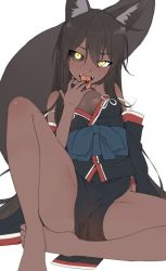 Rule 34 | 1girl, animal ears, barefoot, black hair, black sclera, breasts, colored sclera, dark-skinned female, dark skin, detached sleeves, fangs, fox ears, fox girl, fox tail, hair between eyes, hand up, japanese clothes, licking, licking finger, long hair, looking at viewer, mismatched sclera, open mouth, original, pelvic curtain, ryuusei (ryuuseiseikou), simple background, sitting, small breasts, solo, spread legs, tail, tamakagura tatari, tongue, very long hair, white background, yagi (ningen), yellow eyes