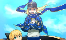 Rule 34 | 2girls, ahoge, artoria pendragon (all), artoria pendragon (fate), black bow, blonde hair, blue eyes, blue jacket, blue scarf, blue sky, bow, clothes writing, crossed arms, day, fate/grand order, fate (series), floating hair, hair bow, jacket, long sleeves, looking at viewer, multiple girls, mysterious heroine x (fate), open mouth, outdoors, parody, ponytail, saber lily, scarf, shirt, sky, standing, tengen toppa gurren lagann, white shirt, wind, zonotaida