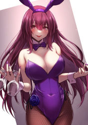 Rule 34 | 1girl, absurdres, between fingers, blush, bow, bowtie, breasts, brown pantyhose, covered navel, cup, detached collar, drinking glass, fate/grand order, fate (series), flower, highres, holding, holding cup, large breasts, leotard, looking at viewer, nail polish, official alternate costume, pantyhose, parted lips, playboy bunny, purple bow, purple bowtie, purple flower, purple hair, purple leotard, purple nails, purple rose, red eyes, red hair, rose, scathach (fate), smile, solo, wine glass, wrist cuffs, yoshimoto (carpsukidayo)