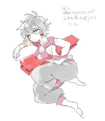 Rule 34 | 1girl, ahoge, arm rest, armlet, bad drawr id, bad id, barefoot, black eyes, breasts, character request, cleavage cutout, closed mouth, clothing cutout, copyright request, earrings, grey hair, grey pants, hand on own thigh, home (houmei), jewelry, looking at viewer, lying, medium breasts, oekaki, on side, pants, puffy pants, revealing clothes, sanpaku, short hair, sideboob, simple background, solo, sphere earrings, steel beam, translation request, white background