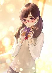 Rule 34 | 1girl, ashiya hiro, blurry, blurry background, blush, box, brown eyes, brown hair, brown skirt, commentary request, depth of field, gift, gift box, glasses, hair tie, head tilt, highres, holding, holding gift, long hair, looking at viewer, moe2019, original, parted lips, pleated skirt, red-framed eyewear, school uniform, semi-rimless eyewear, shirt, skirt, solo, sweater vest, twintails, under-rim eyewear, valentine, white shirt