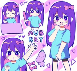 Rule 34 | + +, 1girl, :&gt;, :&lt;, aqua shirt, aubrey (headspace) (omori), aubrey (omori), barefoot, baseball bat, blush stickers, bow, bright pupils, character name, chibi, child, colored skin, fang, hair bow, hand up, heart, holding, holding baseball bat, hoshidashiki, long hair, looking at viewer, mr. plantegg (omori), omori, open mouth, outline, pink background, pink bow, purple eyes, purple hair, shirt, sleeping, smile, solo, sparkle, standing, star (symbol), striped background, stuffed toy, triangle, variations, white background, white outline, white pupils, white skin