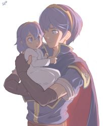 Rule 34 | 1boy, 1girl, baby, blue eyes, blue hair, brown gloves, cape, elbow gloves, eye contact, fingerless gloves, fire emblem, fire emblem: mystery of the emblem, fire emblem awakening, gloves, highres, looking at another, lucina (fire emblem), marth (fire emblem), nintendo, sally (luna-arts), signature, tiara, time paradox