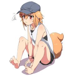 Rule 34 | &gt;:t, 1girl, :t, animal ears, bare legs, bare shoulders, barefoot, between legs, blonde hair, commentary request, ears down, feet, fox ears, fox girl, fox tail, hair ornament, hairclip, hand between legs, hat, highres, minowa sukyaru, original, red eyes, shirt, shorts, sitting, sleeveless, sleeveless shirt, solo, squiggle, tail, tearing up, toes, v-shaped eyebrows, white shirt, wristband