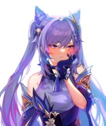 Rule 34 | 1girl, blush, breasts, cone hair bun, detached sleeves, genshin impact, gloves, hair bun, hair horns, hand on own cheek, hand on own face, highres, keqing (genshin impact), long hair, looking down, medium breasts, purple eyes, purple gloves, purple hair, savi (byakushimc), simple background, solo, twintails, white background, wide sleeves