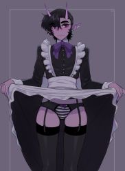Rule 34 | 1boy, :3, artist name, black garter belt, black hair, black nails, black panties, black thighhighs, blush, bow, bow panties, bulge, clothes lift, colored skin, dress, dress lift, ear piercing, earclip, eyebrow piercing, eyes visible through hair, frills, garter belt, gluteal fold, grey background, groin, hair over one eye, highres, horns, ittla, lifted by self, lip piercing, long sleeves, looking at viewer, maid, male focus, nail polish, oni horns, original, panties, piercing, pointy ears, purple bow, purple neckwear, purple skin, red eyes, ren (ittla), simple background, slit pupils, solo, striped clothes, striped panties, thick eyebrows, thighhighs, trap, underwear