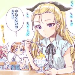 Rule 34 | &gt; &lt;, 3girls, :t, ^^^, artist name, assam (girls und panzer), black bow, black ribbon, blonde hair, blue eyes, blue shirt, blush, bow, braid, brain freeze, casual, chair, closed eyes, collared shirt, commentary, eating, food, girls und panzer, glass, hair bow, hair pulled back, hair ribbon, hand on own head, highres, holding, holding spoon, kuroi mimei, layered clothes, long hair, looking at another, looking back, medium hair, multiple girls, neck ribbon, orange hair, orange pekoe (girls und panzer), parted bangs, puffy short sleeves, puffy sleeves, red hair, ribbon, rosehip (girls und panzer), shaved ice, shirt, short hair, short sleeves, signature, sitting, spoon, sweatdrop, translated, trembling, twin braids, utensil in mouth, white shirt