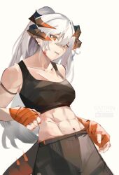 Rule 34 | 1girl, absurdres, alternate costume, arknights, arm strap, bare shoulders, blood, blood on face, breasts, cmdr saturn, commentary request, crop top, grey background, highres, horns, long hair, looking at viewer, medium breasts, midriff, navel, orange eyes, saria (arknights), simple background, solo, sports bra, stomach, tail, upper body, very long hair, white hair