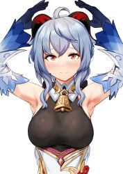 Rule 34 | 1girl, ahoge, anti (0324), armpits, arms up, bare shoulders, bell, blue gloves, blue hair, blush, bodysuit, breasts, brown bodysuit, closed mouth, detached sleeves, dress, elbow gloves, ganyu (genshin impact), genshin impact, gloves, horns, large breasts, long hair, looking at viewer, orange eyes, solo, white dress