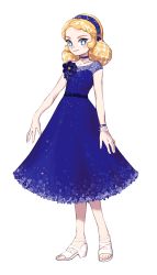 Rule 34 | 1girl, april (halogenkn), blonde hair, blue dress, blue eyes, bracelet, collarbone, commentary, dress, english commentary, flat chest, flower, full body, halogenkn, highres, jewelry, medium hair, original, sandals, simple background, smile, solo, standing, white background, white footwear