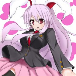 Rule 34 | 1girl, animal ears, black thighhighs, blazer, breasts, crescent moon, jacket, large breasts, light purple hair, long hair, looking at viewer, moon, open mouth, rabbit ears, red eyes, reisen udongein inaba, skirt, solo, sprout (33510539), thighhighs, touhou, very long hair, zettai ryouiki