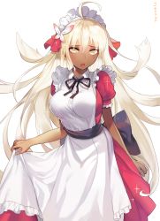 Rule 34 | 1girl, ahoge, alternate costume, apron, bad id, bad pixiv id, black ribbon, blonde hair, blush, breasts, butterfly hair ornament, collared dress, commentary request, dark-skinned female, dark skin, dress, enmaided, fate/grand order, fate (series), fingernails, frilled apron, frills, hair between eyes, hair ornament, hair ribbon, highres, jehyun, koha-ace, large breasts, long hair, looking at viewer, maid, maid apron, maid headdress, okita souji (fate), okita souji alter (fate), open mouth, puffy short sleeves, puffy sleeves, red dress, red ribbon, ribbon, round teeth, short sleeves, simple background, solo, teeth, upper teeth only, very long hair, white apron, white background, yellow eyes