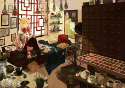 Rule 34 | 1girl, architecture, bag, bed, black thighhighs, blonde hair, book, bookshelf, bottle, brown eyes, cabinet, cotta, cup, east asian architecture, flower, flower pot, food, fruit, hair ribbon, horns, indoors, jar, layered sleeves, legs together, long hair, long sleeves, miniskirt, mortar (bowl), original, pen, picture frame, pillow, plant, ribbon, room, shelf, short over long sleeves, short sleeves, sidelocks, sitting, skirt, smile, solo, sunlight, teacup, teapot, thighhighs, tree, very long hair, window
