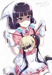 Rule 34 | 1boy, 1girl, :d, absurdres, apron, bdsm, black apron, black footwear, black pants, blend s, blindfold, blood, blunt bangs, blush, bondage, bound, brown footwear, chibi, collared shirt, commentary request, copyright name, dino (blend s), frilled apron, frills, gloves, hair between eyes, hair ornament, head scarf, heart, highres, light brown hair, long hair, low twintails, neki (wakiko), nosebleed, open mouth, pants, parted lips, pink shirt, pink skirt, polka dot, polka dot background, puffy short sleeves, puffy sleeves, purple eyes, purple hair, restrained, sakuranomiya maika, shaded face, shirt, shoes, short sleeves, sitting, skirt, smile, stile uniform, thighhighs, twintails, twitter username, very long hair, waist apron, waitress, wariza, white apron, white background, white gloves, white thighhighs