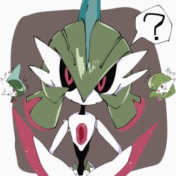 Rule 34 | 1boy, 2girls, ?, arm blade, black sclera, black skin, blue hair, bob cut, border, brown background, colored sclera, colored skin, constricted pupils, creatures (company), flat chest, gallade, game freak, gardevoir, gen 3 pokemon, gen 4 pokemon, green hair, hair over one eye, head tilt, highres, humanoid robot, iron valiant, japanese text, looking at another, looking at viewer, messy hair, mohawk, multicolored hair, multicolored skin, multiple girls, nintendo, no mouth, one eye covered, open mouth, outside border, own hands together, pixel eyes, pokemon, pokemon (creature), red eyes, red hair, robot, shiraha (siraha 79), short hair, simple background, sketch, solo focus, speech bubble, spoken question mark, standing, straight-on, translated, twintails, two-tone hair, two-tone skin, upper body, weapon, white border, white skin