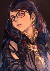 Rule 34 | 1girl, bayonetta, bayonetta (series), bayonetta 3, black hair, braid, earrings, eyeshadow, glasses, gloves, hungry clicker, jewelry, lipstick, long hair, looking at viewer, makeup, mole, mole under mouth, multicolored hair, red hair, ribbon, simple background, smile, solo, streaked hair, twin braids