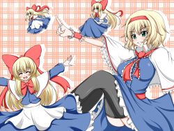 Rule 34 | 4girls, alice margatroid, black thighhighs, blonde hair, bow, breasts, capelet, doll, dress, female focus, green eyes, grin, hair bow, hairband, long hair, multiple girls, pointing, shanghai doll, short hair, smile, solo, thighhighs, touhou, upskirt, zefyu