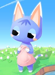 Rule 34 | 1girl, :3, animal crossing, animal ears, barefoot, black eyes, blue skin, blue sky, blush stickers, cat ears, cat girl, cat tail, clear sky, closed mouth, colored skin, commentary request, contrail, day, flower, full body, furry, furry female, grass, highres, lets0020, nintendo, outdoors, rosie (animal crossing), sky, smile, solo, standing, tail, towel, white flower