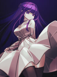 Rule 34 | 1girl, blunt bangs, breasts, circle skirt, closed mouth, collar, cut bangs, dress, expressionless, eyebrows hidden by hair, eyelashes, eyeliner, fern (sousou no frieren), frilled collar, frills, hair over shoulder, highres, large breasts, long hair, looking at viewer, makaroll, makeup, no pupils, purple eyeliner, purple eyes, purple hair, purple pupils, sidelocks, simple background, solo, sousou no frieren, straight hair, thighhighs, thighs, white dress, yandere