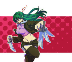 Rule 34 | 1girl, between fingers, boots, breasts, crop top, cropped jacket, garter straps, green hair, hair ribbon, holding, jacket, karikatu, knife, large breasts, long hair, midriff, mouth hold, navel, open clothes, open jacket, red eyes, reverse grip, ribbon, short shorts, shorts, solo, thigh boots, thighhighs, triple wielding, yurikawa saki, zombie, zombie-ya reiko