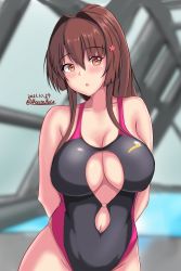 Rule 34 | 1girl, arms behind back, black one-piece swimsuit, blurry, blurry background, blush, breasts, brown hair, cleavage, cleavage cutout, clothing cutout, commentary, competition swimsuit, dated, hair between eyes, hair ornament, hairclip, highres, kantai collection, large breasts, long hair, montemasa, navel, one-hour drawing challenge, one-piece swimsuit, open mouth, orange eyes, ponytail, pool, rei no pool, solo, stomach cutout, swimsuit, twitter username, yamato (kancolle)