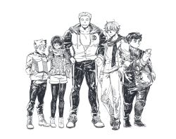 Rule 34 | 1girl, 4boys, blackcatlandr, boots, fat, fat man, full body, greyscale, grin, hand up, height difference, highres, holding, holding map, holding phone, hood, hooded jacket, jacket, long hair, map, protagonist 1 (housamo), protagonist 2 (housamo), protagonist 3 (housamo), protagonist 4 (housamo), protagonist 5 (housamo), monochrome, multiple boys, muscular, muscular male, open clothes, open jacket, partially unzipped, phone, scarf, shoes, shorts, smile, sneakers, sweater, thighhighs, tokyo houkago summoners, turtleneck, turtleneck sweater, white background