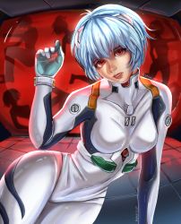 Rule 34 | 6+girls, absurdres, arm at side, arm rest, armpits, artist request, ayanami rei, blue hair, bodysuit, breasts, clone, collarbone, completely nude, covered navel, curvy, expressionless, eyelashes, female focus, floating, full body, hand up, headgear, high collar, highres, huge filesize, indoors, laboratory, leaning to the side, legs, light blue hair, looking at viewer, medium breasts, multiple girls, multiple persona, neon genesis evangelion, nude, outstretched arms, parted lips, plugsuit, red eyes, science fiction, shiny clothes, shiny skin, short hair, silhouette, skin tight, spread arms, standing, thighs, white bodysuit